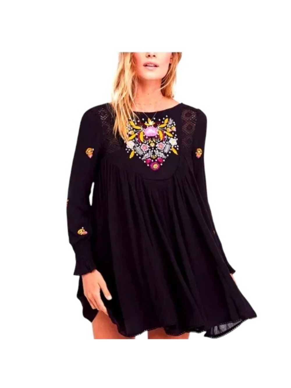 Free People Mojave Black Embroidered Boho Mini Dress with Multicolor Neck Detail - Picture 2 of 4
